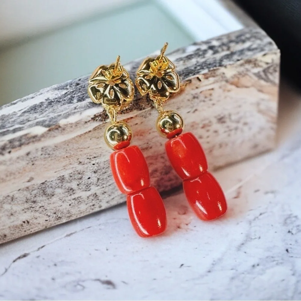 NEW Yellow Gold Blooming Flower Gold Hematite & Red-Orange Natural Coral Earring
